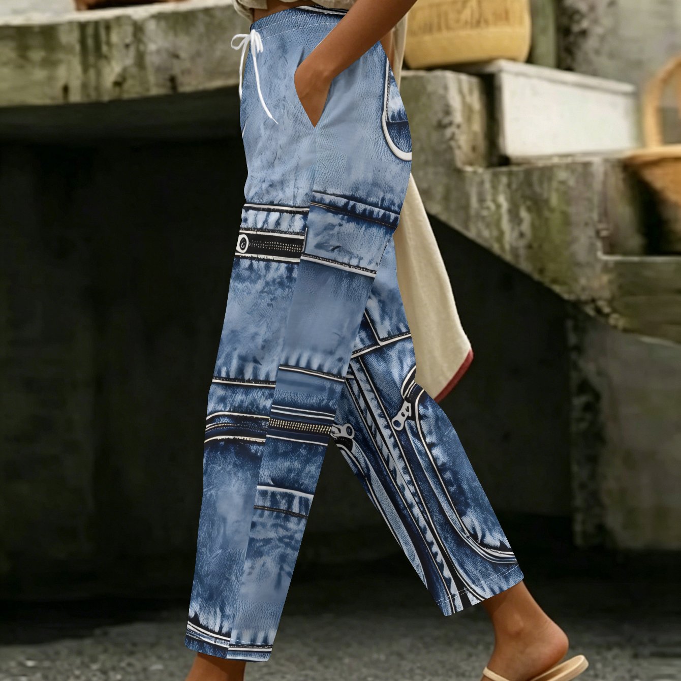 TEMU Pantalon Long pour Femme à Motif Jean - Pantalon Décontracté avec Cordon de Serrage, Polyvalent pour un