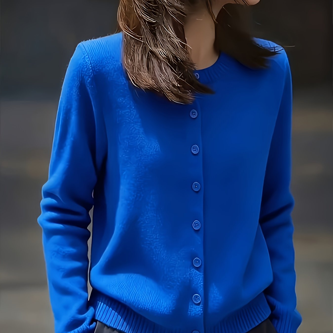 TEMU Plus Size, Blue Round Neck Button Design Simple Casual Long Sleeve 2025 Autumn Winter New Versatile Cardigan