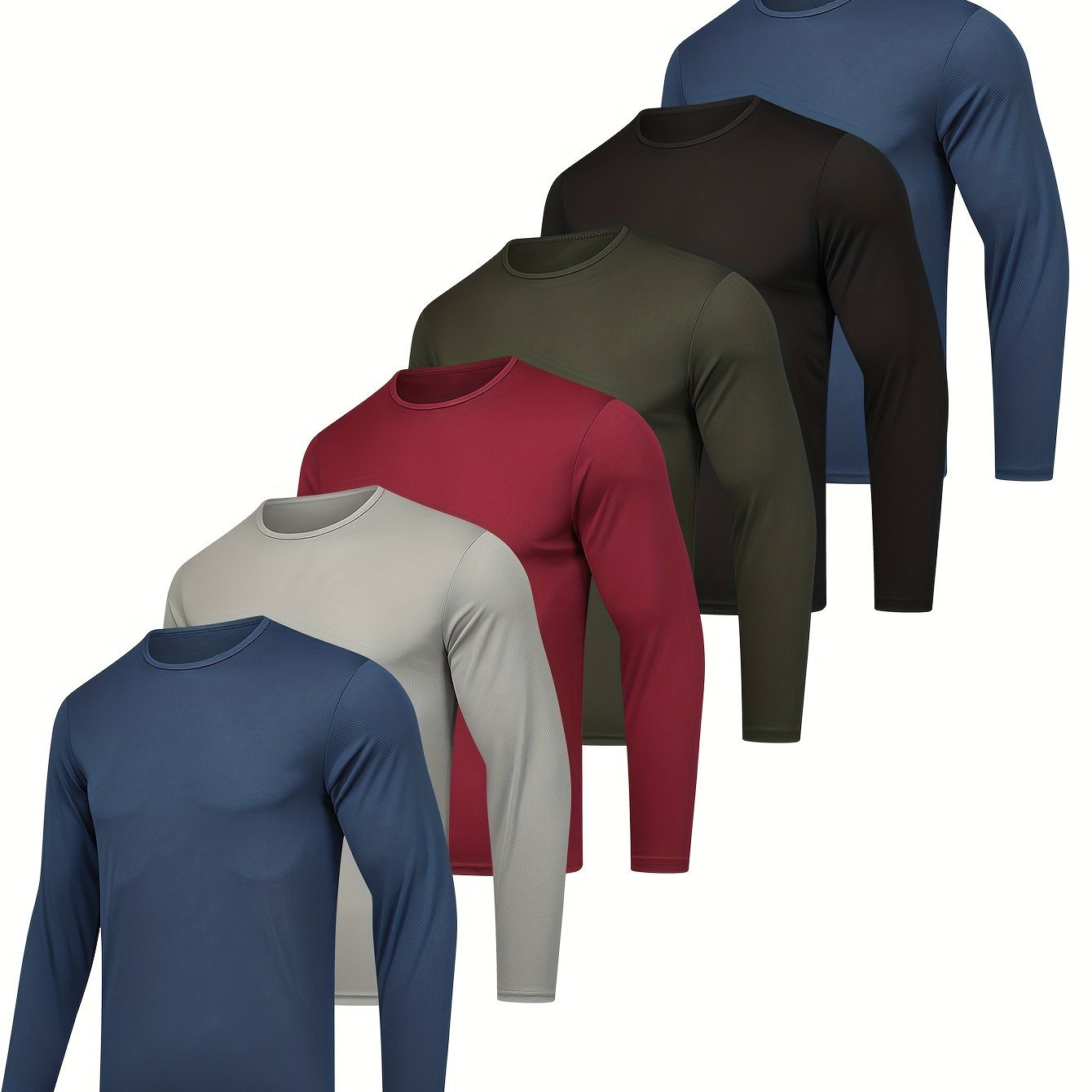 TEMU 6pcs Moisture Wicking Long Sleeve Shirts For Men - Quick Drying, Sun Protective, Breathable Workout Tee Shirts For Casual Outdoor Activities - Soft, Lightweight, And Comfortable