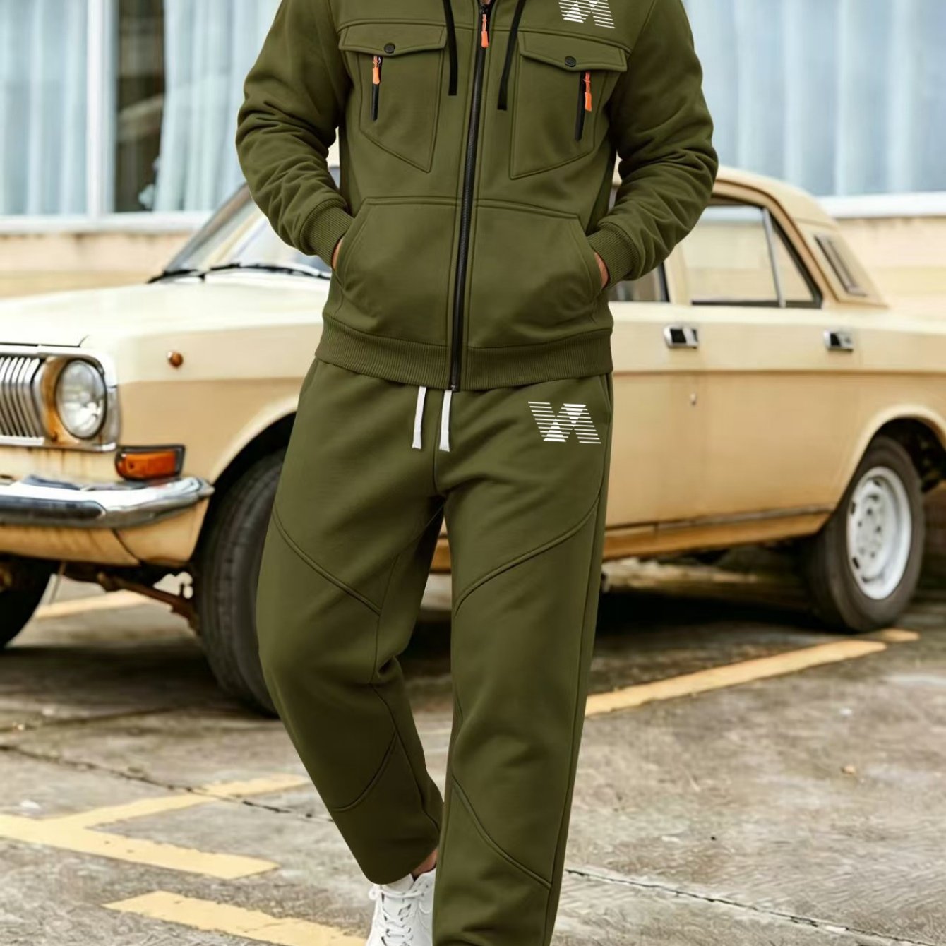 TEMU Hooded European And American Men's Fashionable Geometric Print Pocket Workwear Jacket   Casual Long Pants Outdoor Sports 2pcs Set
