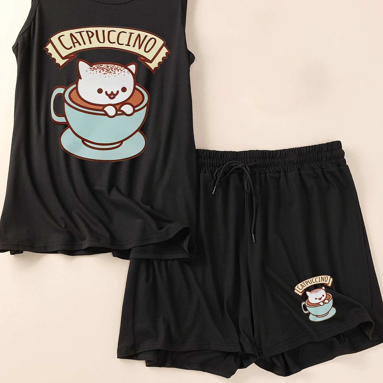 TEMU Ladies' Plus Size Set With Coffee Cup Kitten Design