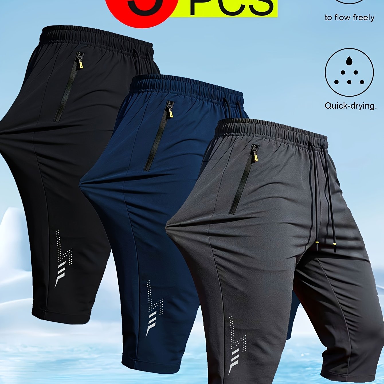 TEMU Set Of 3 Men'-drying Swim Shorts - Made From Lightweight, , Featuring A Solid Hue With Side Zipper And Drawstring, Ideal For Summer , Pools, And