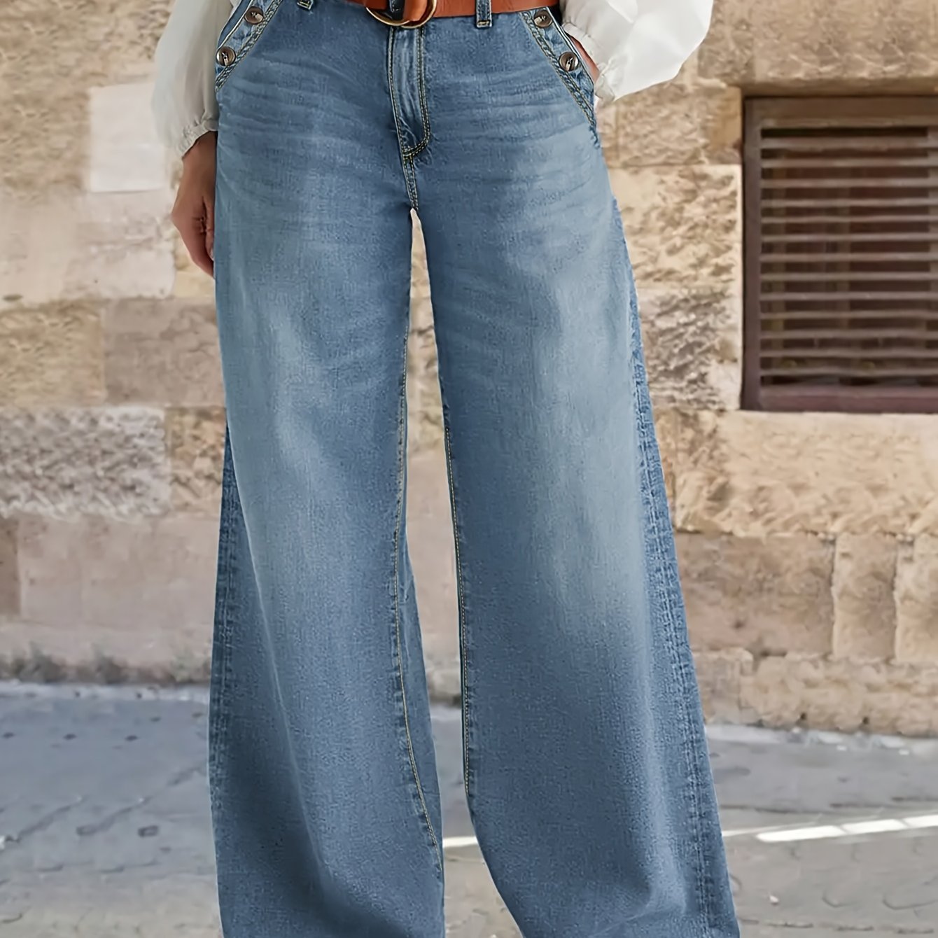TEMU Casual Wide-leg Denim Trousers For Women, Featuring A Mid-waist Zipper And Sturdy Pockets For Everyday For