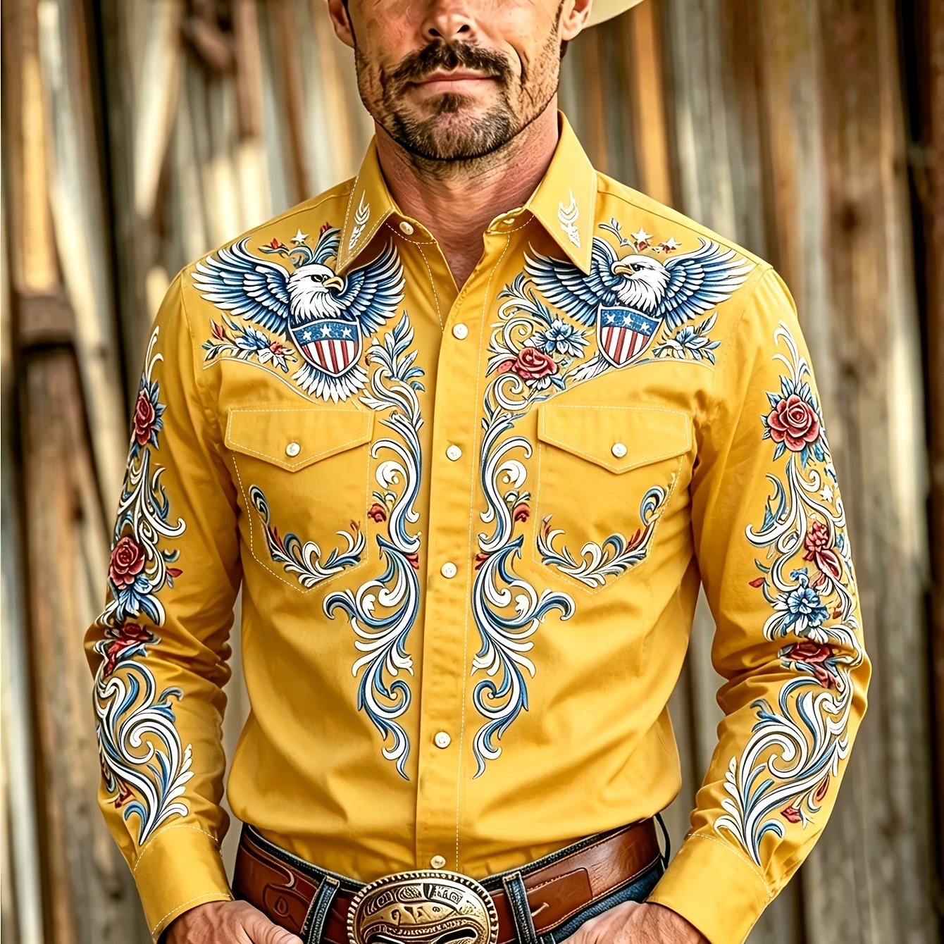 TEMU Men's Western Shirt With Full-body Eagle & Rose Scroll Print - Suitable For Rodeo Parties, Outdoor Wear, Daily Outfits, Machine Washable Top,