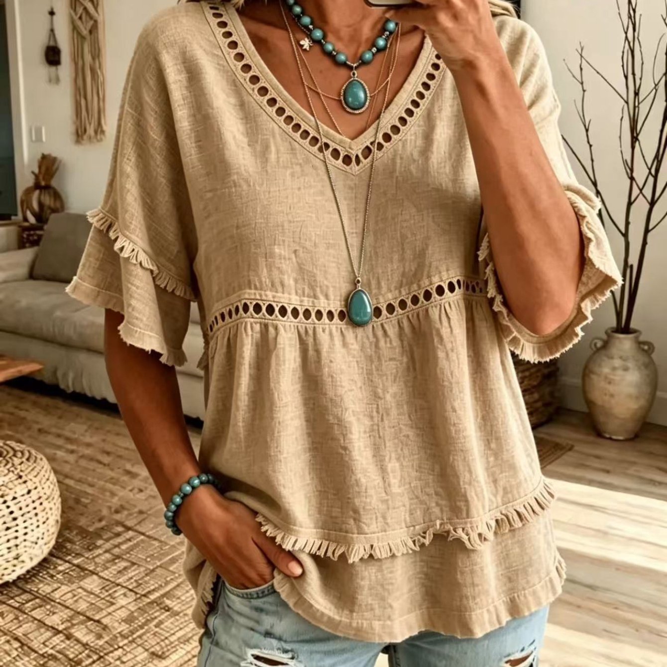 TEMU Été 2026 : Chemise Femme à Col en V, Ajourée, à Manches Courtes et à Franges ; Haut Ample de Style Bohème ; Polyvalente d'Inspiration Vacances