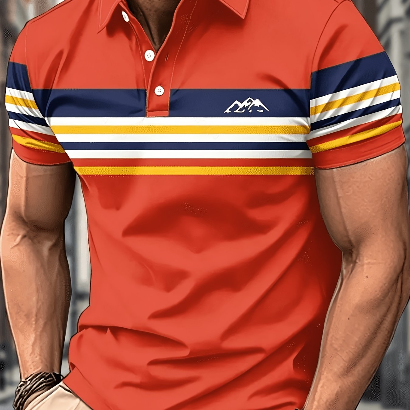 TEMU Men's Short Sleeve Shirt - Vibrant Orange And Block Stripes, Breathable Regular Fit Golf And Casual Shirt, Machine Washable Summer Sportswear,