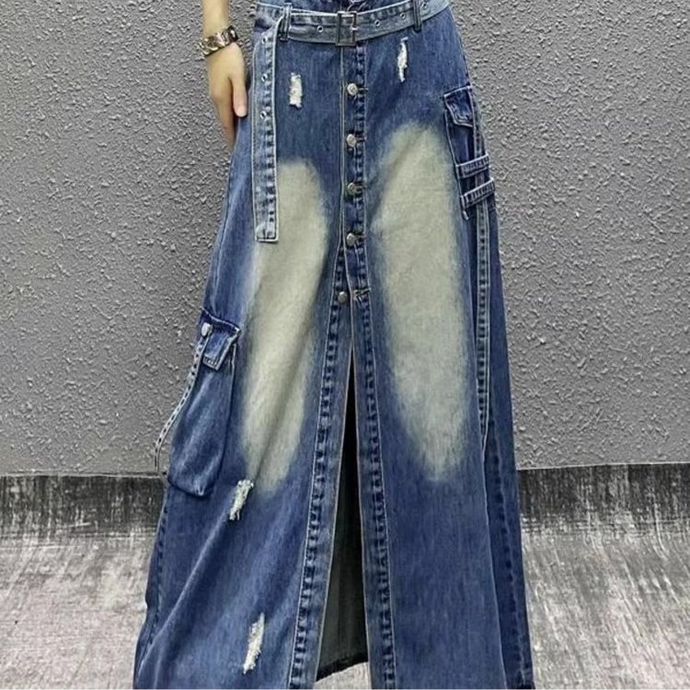 TEMU ミレニアルホットスタイル ヘビー 加工・ダメージ加工 この夏人気 レディース ハイウエスト スリットデニムスカート