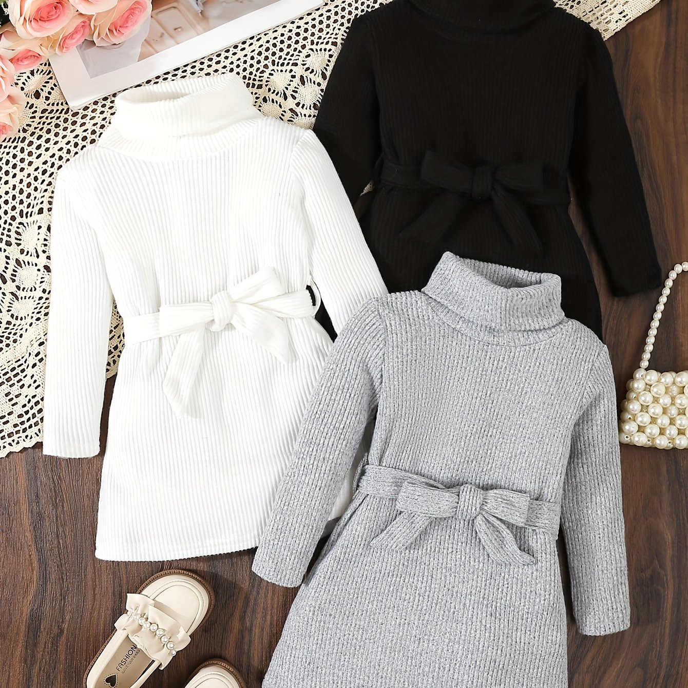 Image of 3-piece Girls' Dress Set, Fine Ribbed Brushed Thickened High Neck Belted Skirt, Soft, Stretchy, And Comfortable, Versatile For Daily Casual , Autumn Essentials
