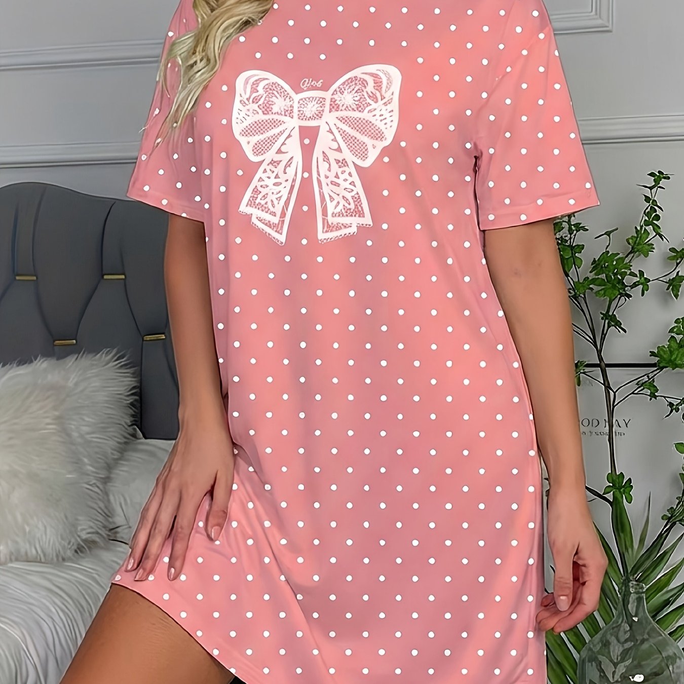 TEMU Women's Short-sleeve Nightgown, Sweet Polka Dot Bow Print Loose T-shirt Dress, Soft And Comfortable Casual Loungewear, Round Neck Pajamas,