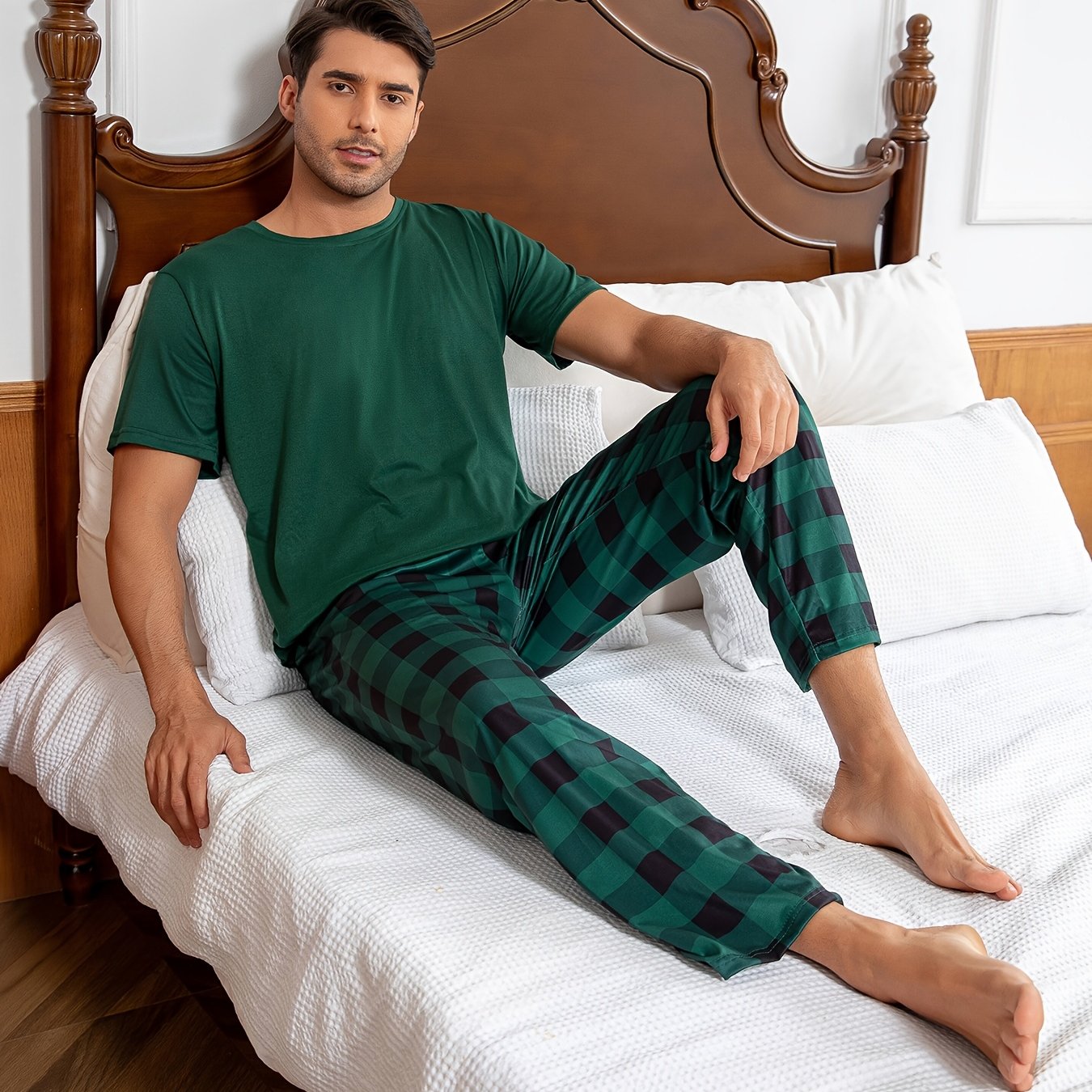 Men's Dark Green Short Sleeve Long Pants Round Neck Hooded Pajama Set