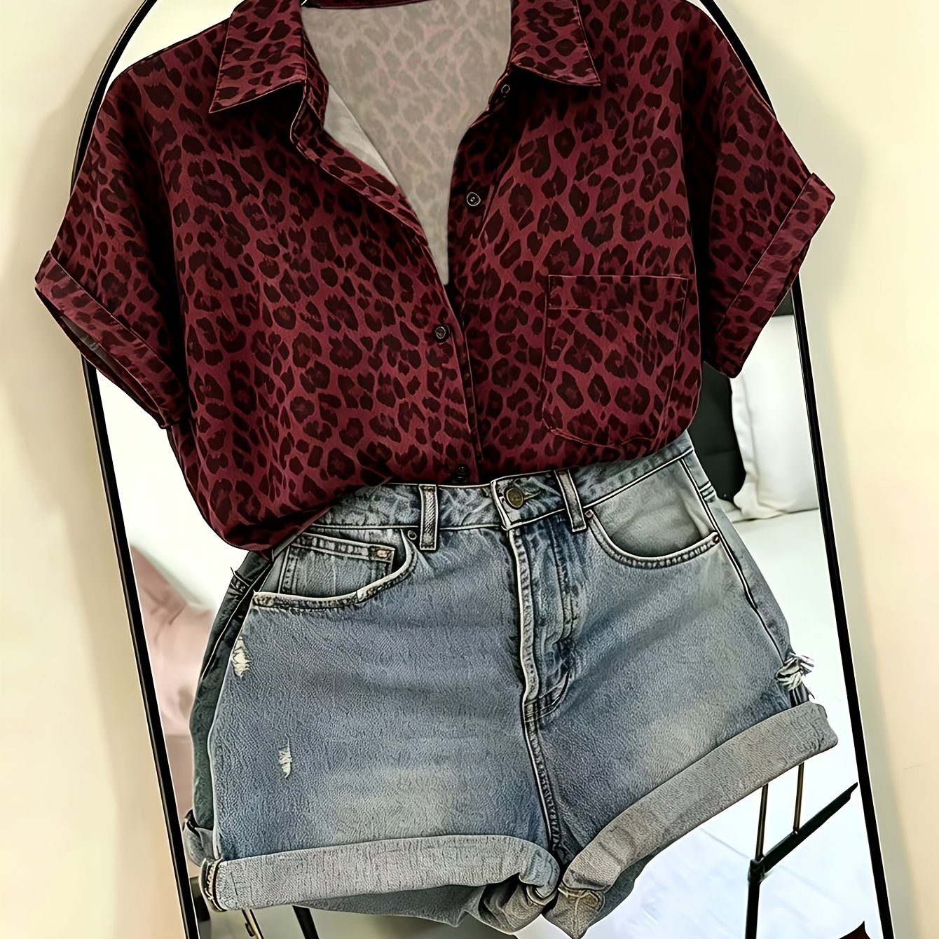 TEMU Elegant Leopard Print Asymmetrical Hem Casual Vacation Commuter Women's Shirt