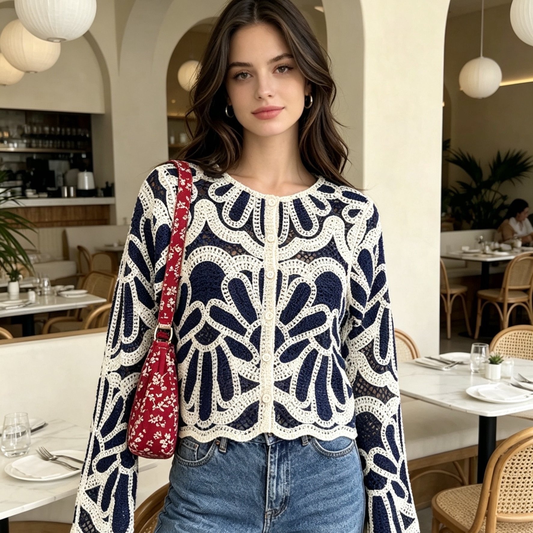 TEMU Style Fresh Contrast Hollow Crochet Short Top, Thin Breathable Round Neck Long Sleeve Sunscreen Sweater