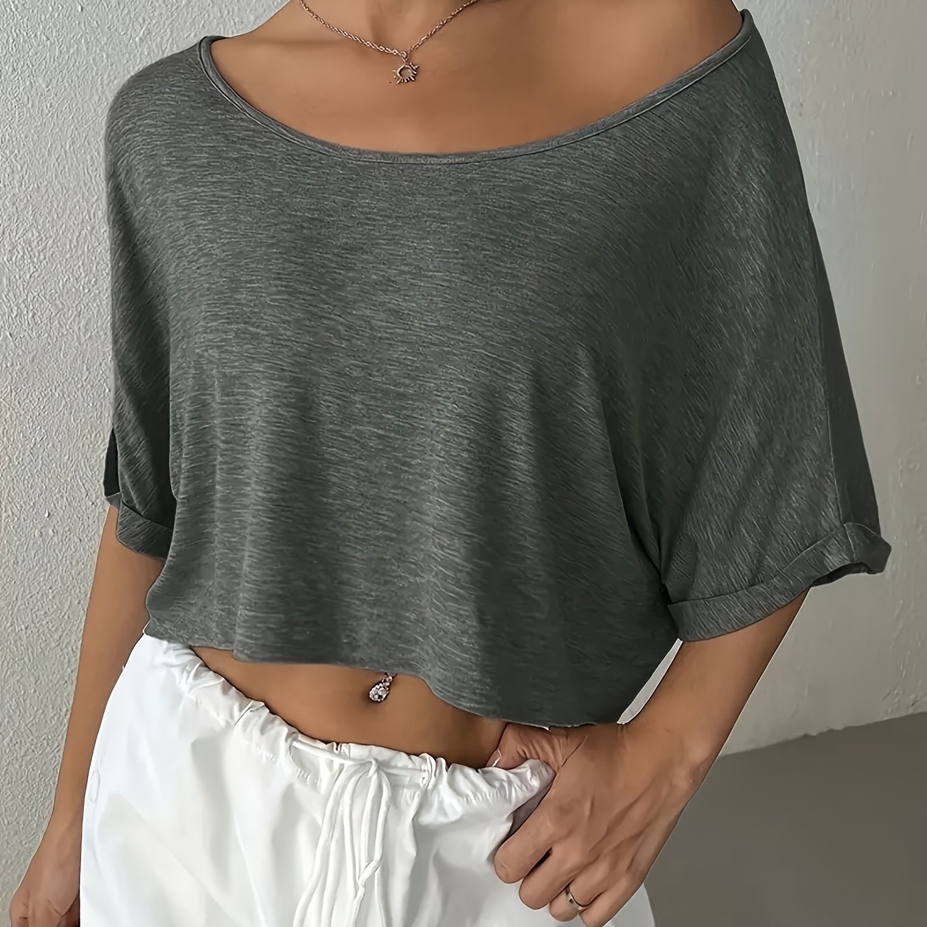 Women's Casual Loose Charcoal Gray Oversized Batwing Sleeve T-shirt