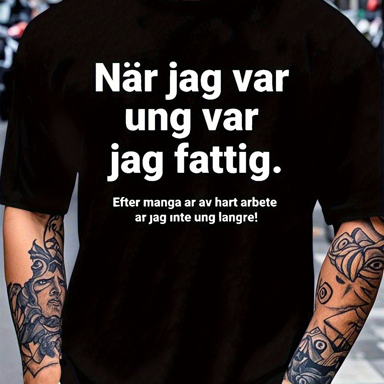 TEMU Men's Swedish Humor Print T-shirt - Swedish Text Lettering, Round Neck Short Sleeve Casual Tee, Machine Washable Suitable For Casual Attire,