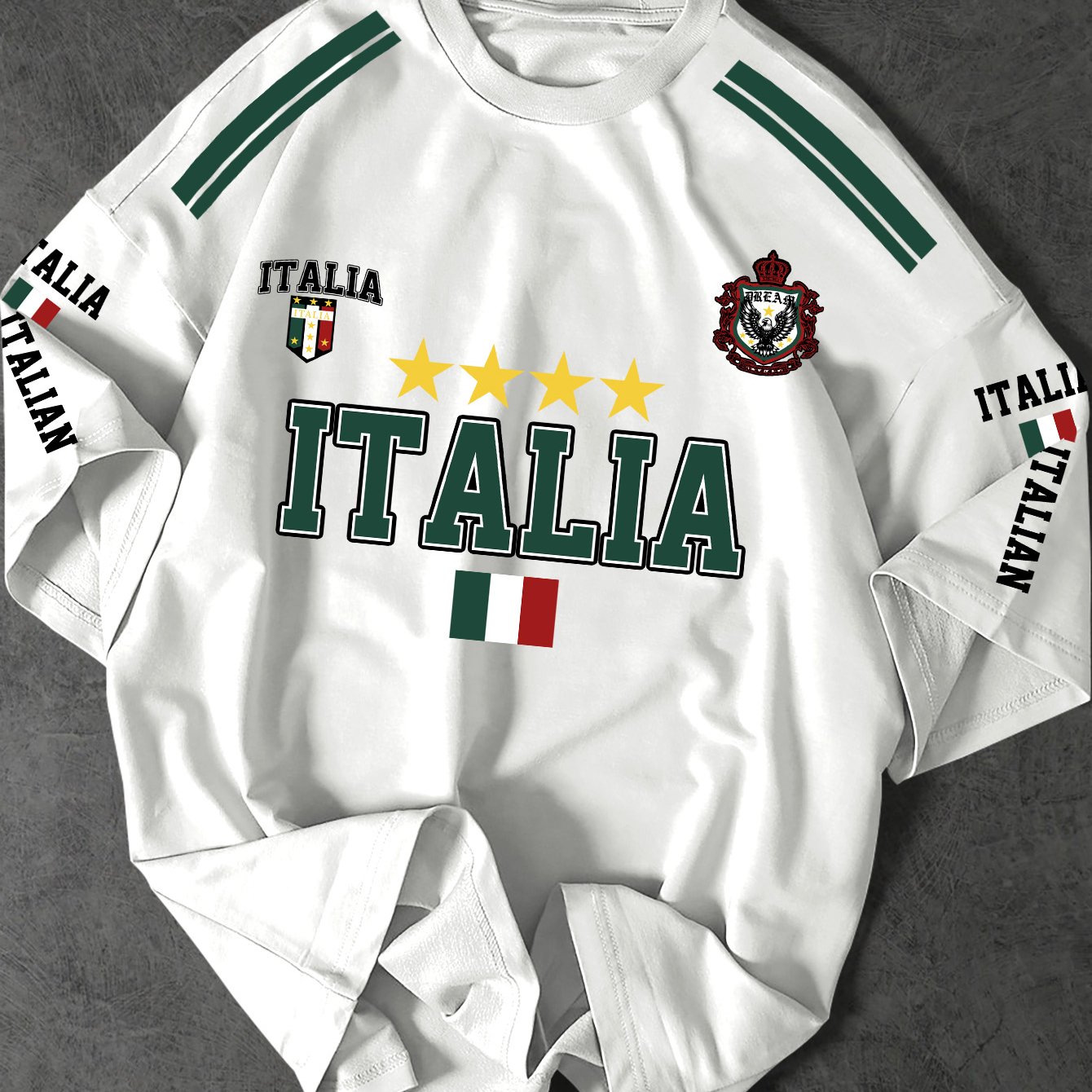 TEMU Y2k Trendy Men's Athletic Style T-shirt, Oversized "italia" Font, 4 Venus Stars And Retro Badge Elements