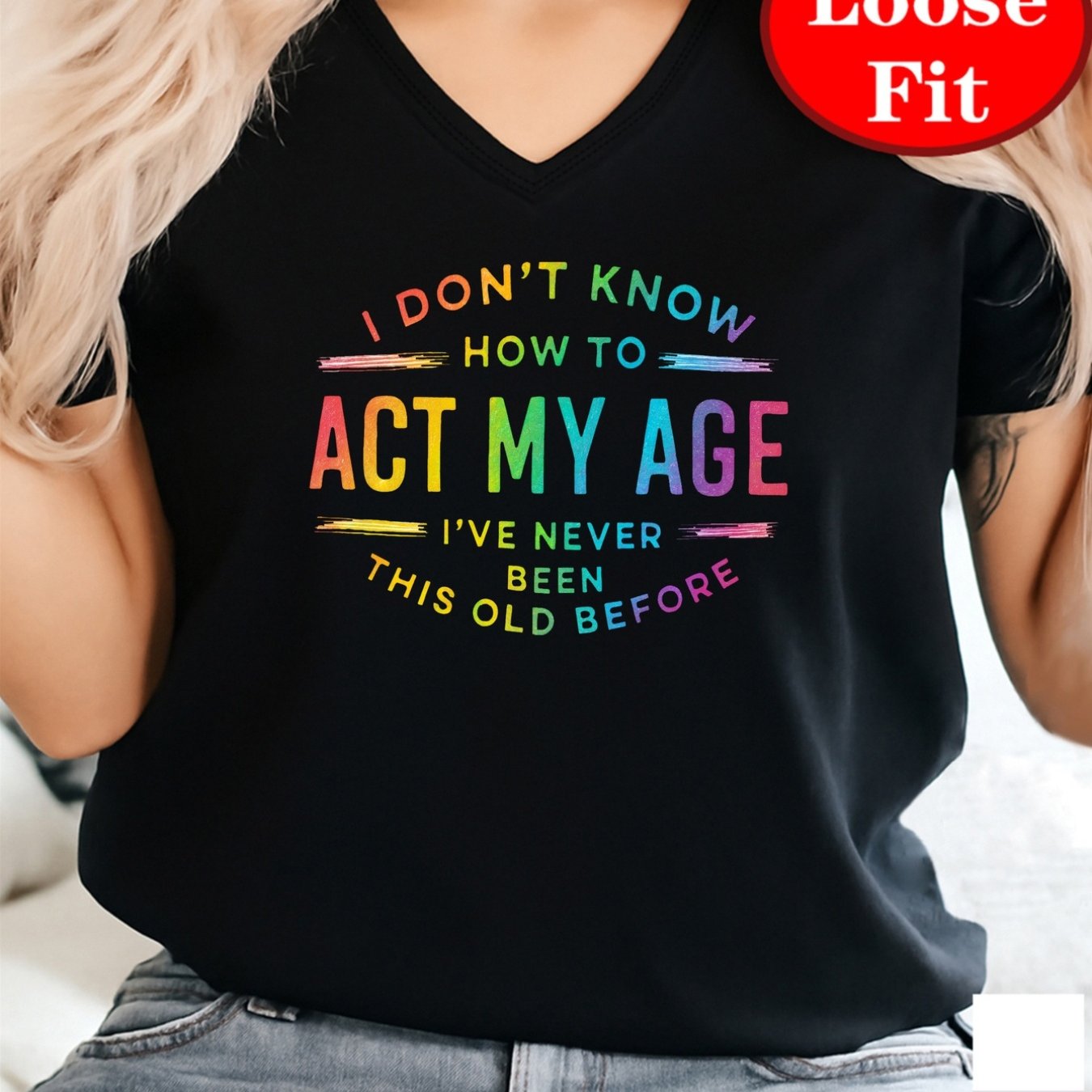 TEMU Women's Oversized V-neck T-shirt With Funny Slogan Print "'t How To My Age" - Plus Size Casual Loose Fit Short Sleeve Summer Top, Black &