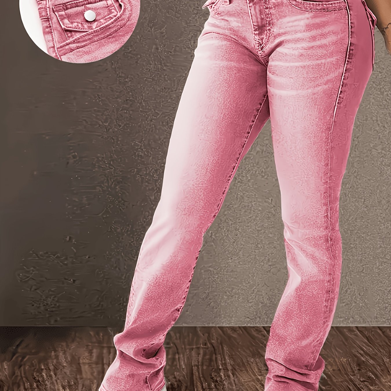 TEMU Women's Pink High Waist Skinny Pants - Retro Straight Trousers With Beltless Zipper Closure, Full-length Pants Suitable For Casual Daily Wear,