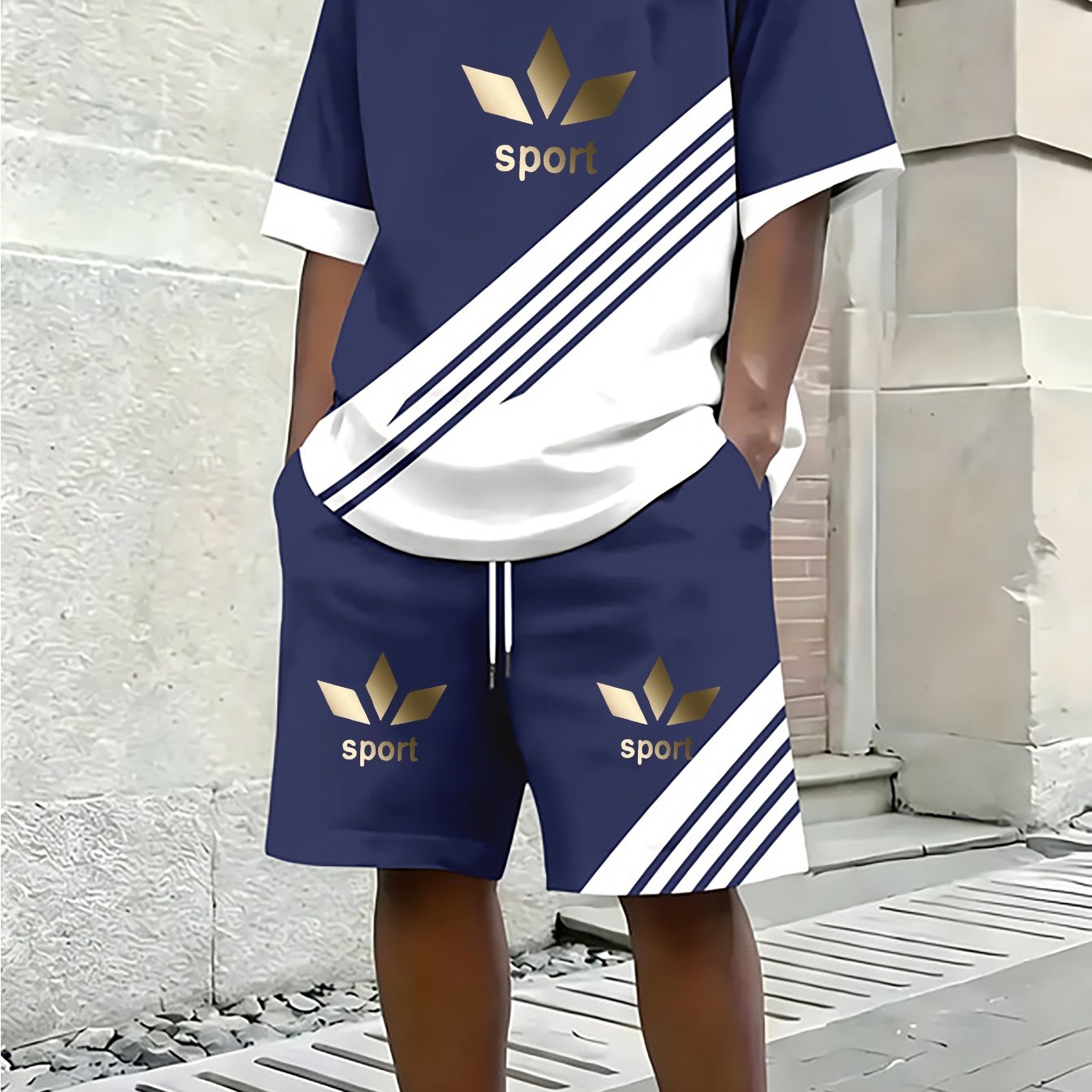TEMU Tendance Homme Mode Décontractée Col Rond Imprimé Manches Courtes Ensemble, T-shirt Pull Homme Manches Courtes 3D Sport Extérieur Décontracté