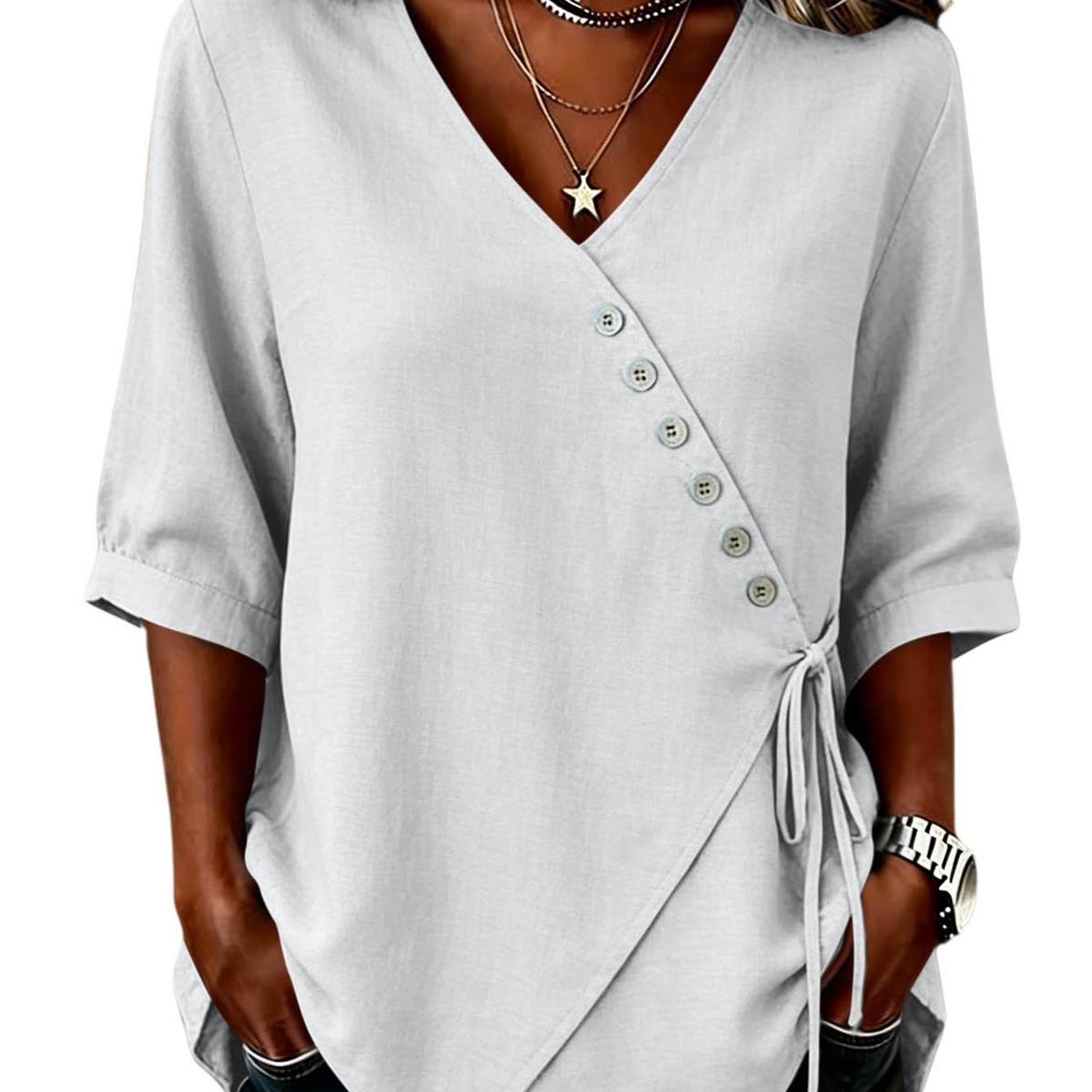 Women's V Neck Top Asymmetrical Button Front Blouse