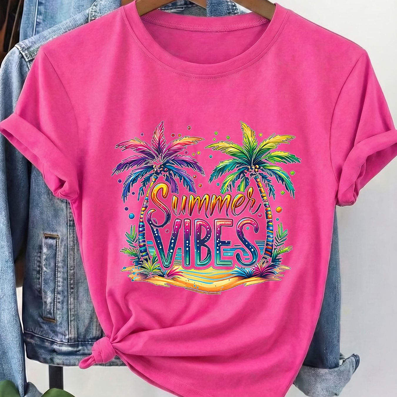 TEMU Women's Spring/summer Casual Round-neck Short-sleeve T-shirt With Colorful Palm Tree And "" Print, Breathable Machine-washable Fabric,