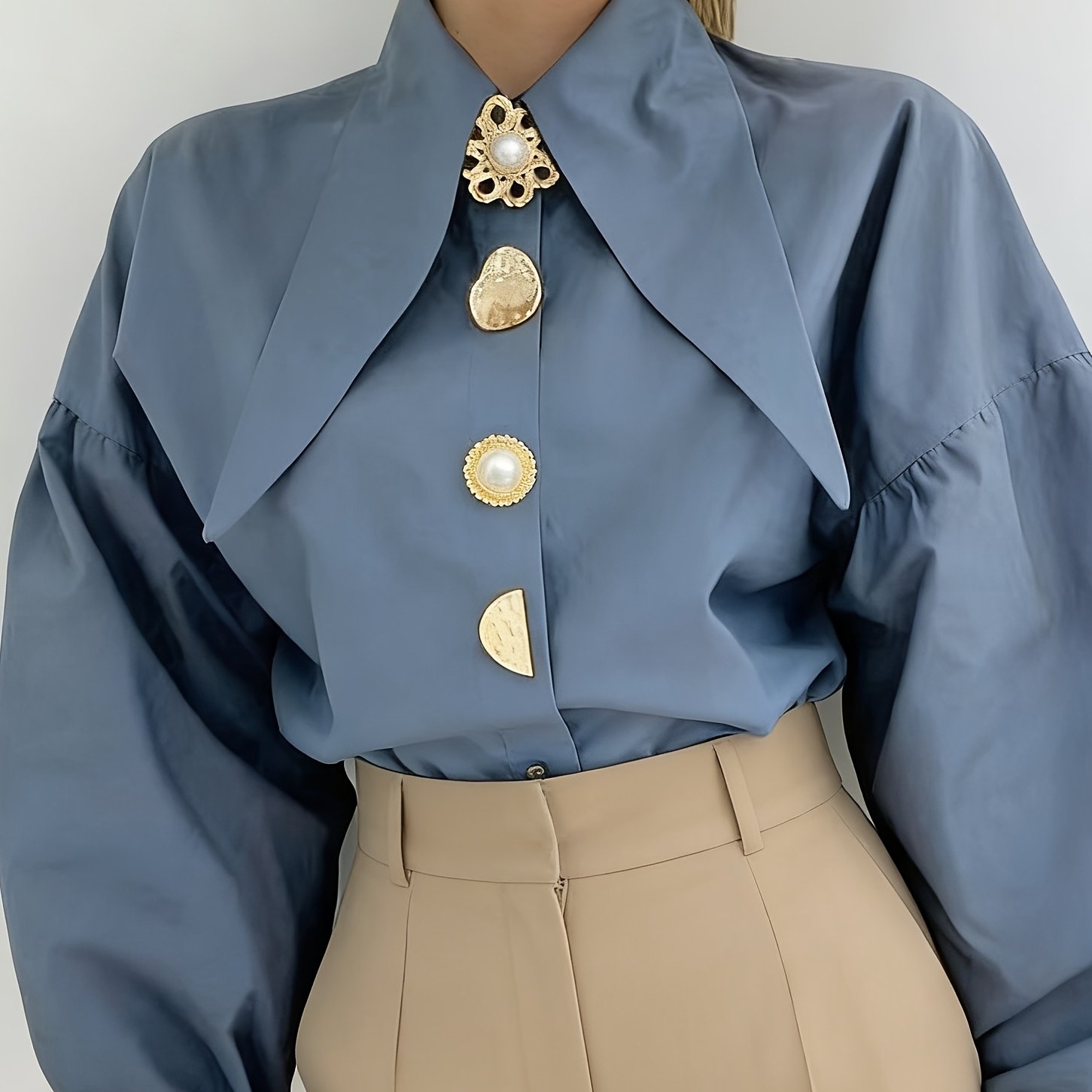 TEMU Spring/autumn Women's Shirt, Elegant Lapel Detachable Collar, Exquisite Button-up Long Sleeve Blouse