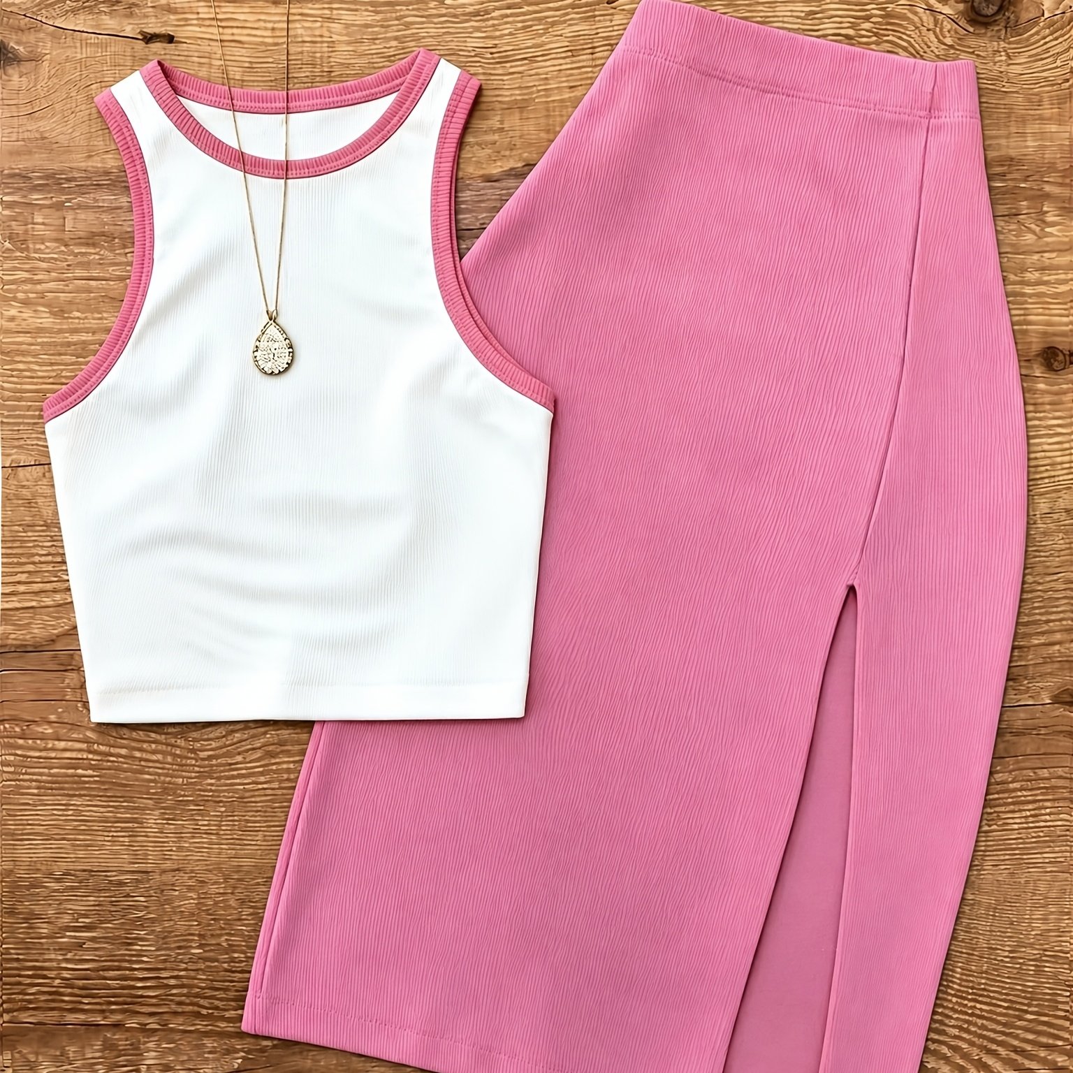 TEMU Women's Pit Strip Two-piece Set White Pink Short Tank Top And High-waist Bag Hip Split Half Skirt