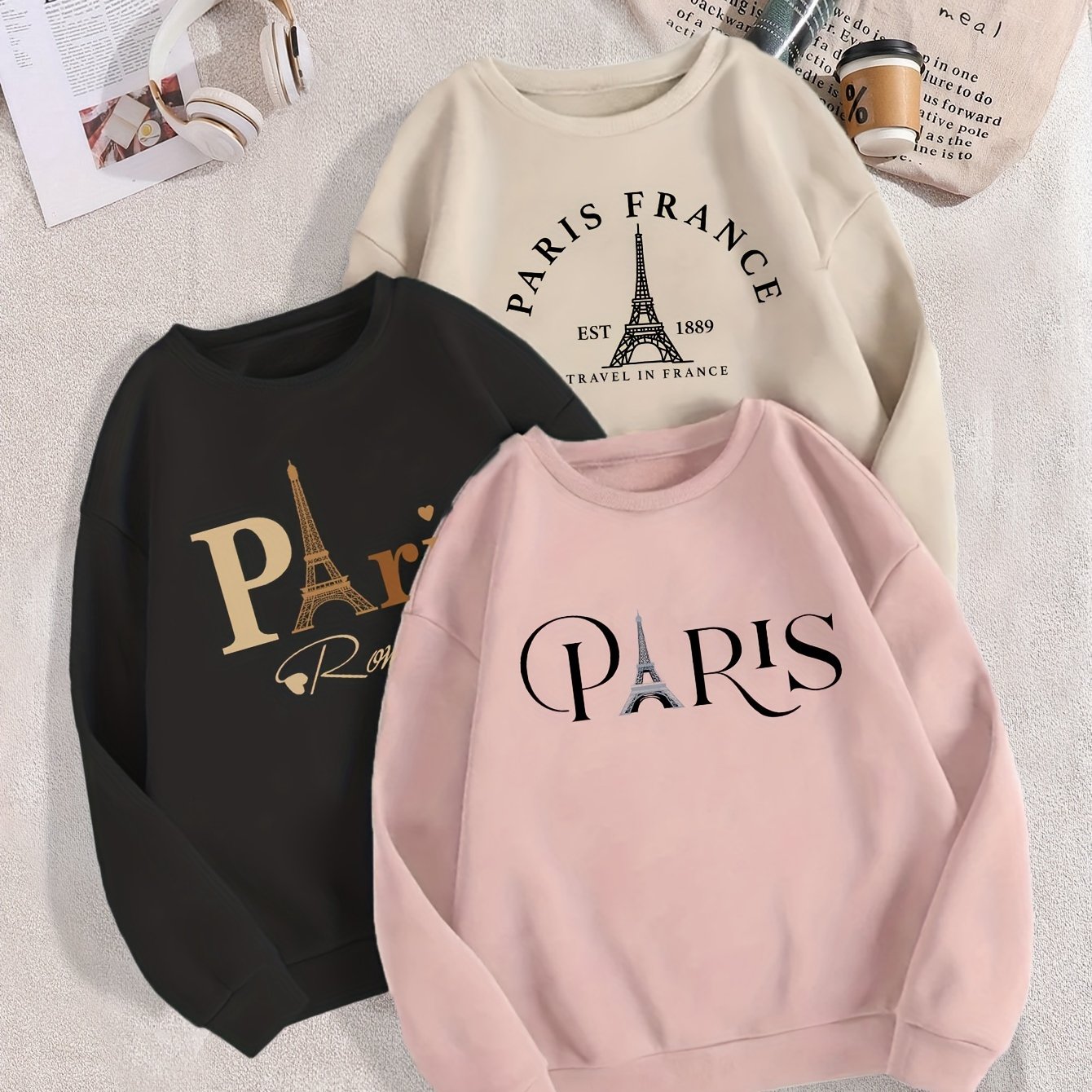 Girls' Autumn/ Paris Print Long Sleeve Crew Neck Sweatshirt Three-pc