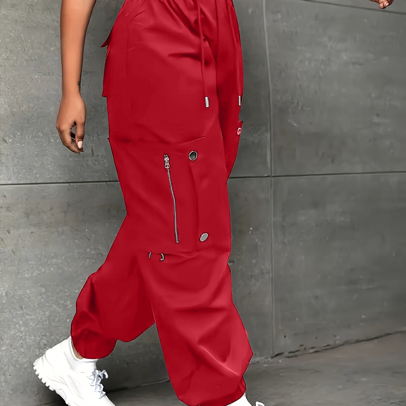 TEMU Plus Size, Large Women's Y2k Style Waistband Elastic Jogging Pants With Multi-zipper Design - Solid Black Mid-length Casual Wear, Button