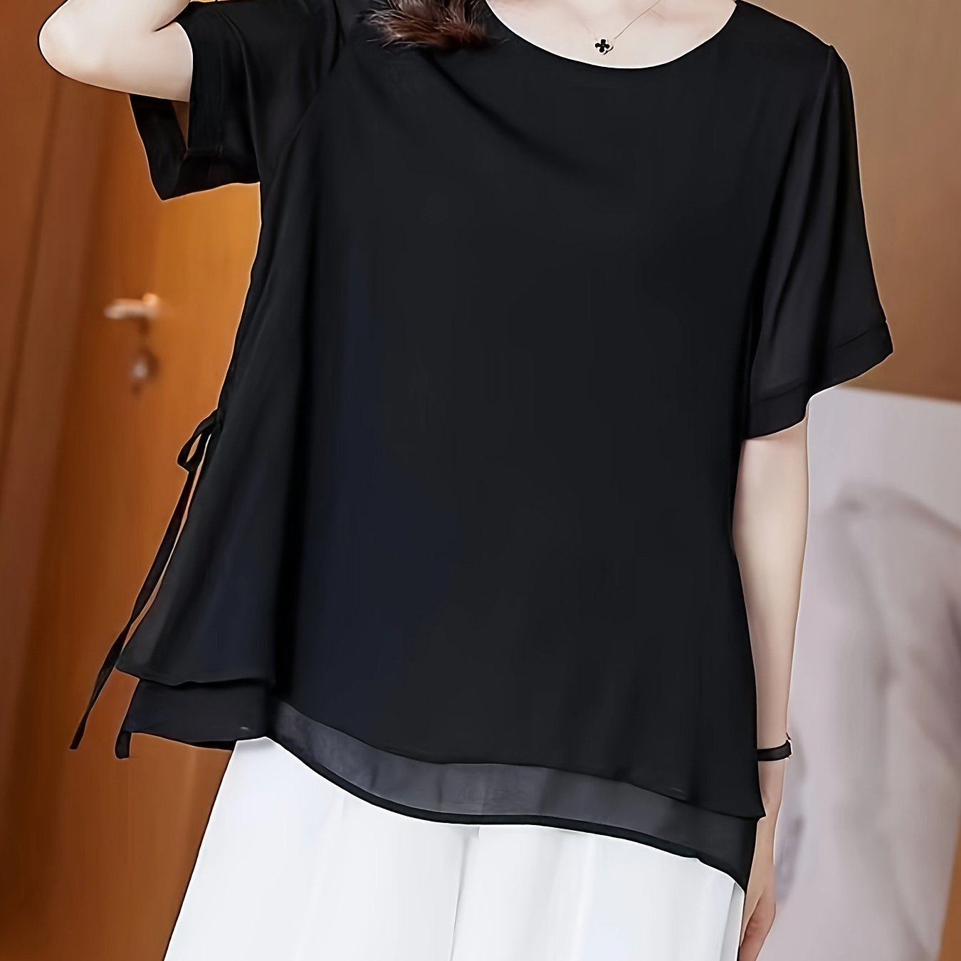 TEMU 【商品名】夏 無地 ママ服 簡単おしゃれ お腹隠し 二重構造 タイバック 半袖 ブラウス レディース