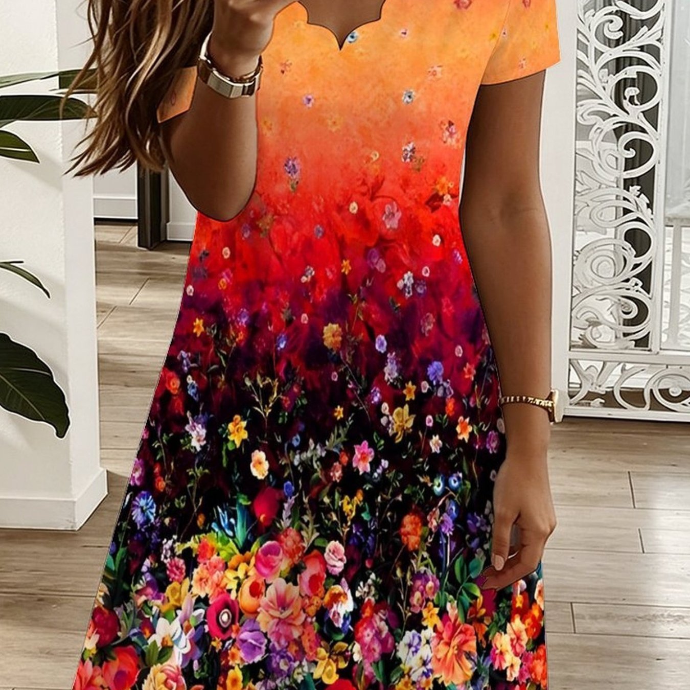Plus Size, Summer -neck Short Sleeve Dress, All Over Geometric , Elegant Women Dress For Vacation Casual Party