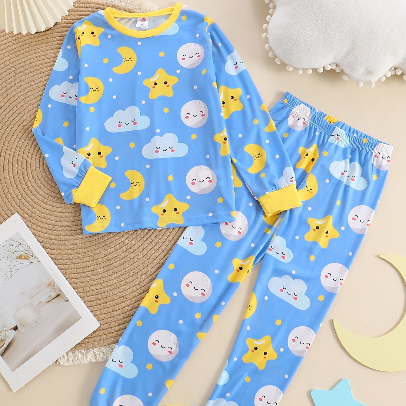 Image of Flame-retardant And 2pcs Set - Round Neck Long-sleeved Top And Full-print Trousers, Comfortable, Soft, Boy's Pajamas And Set, Ideal Gift For Daily Life