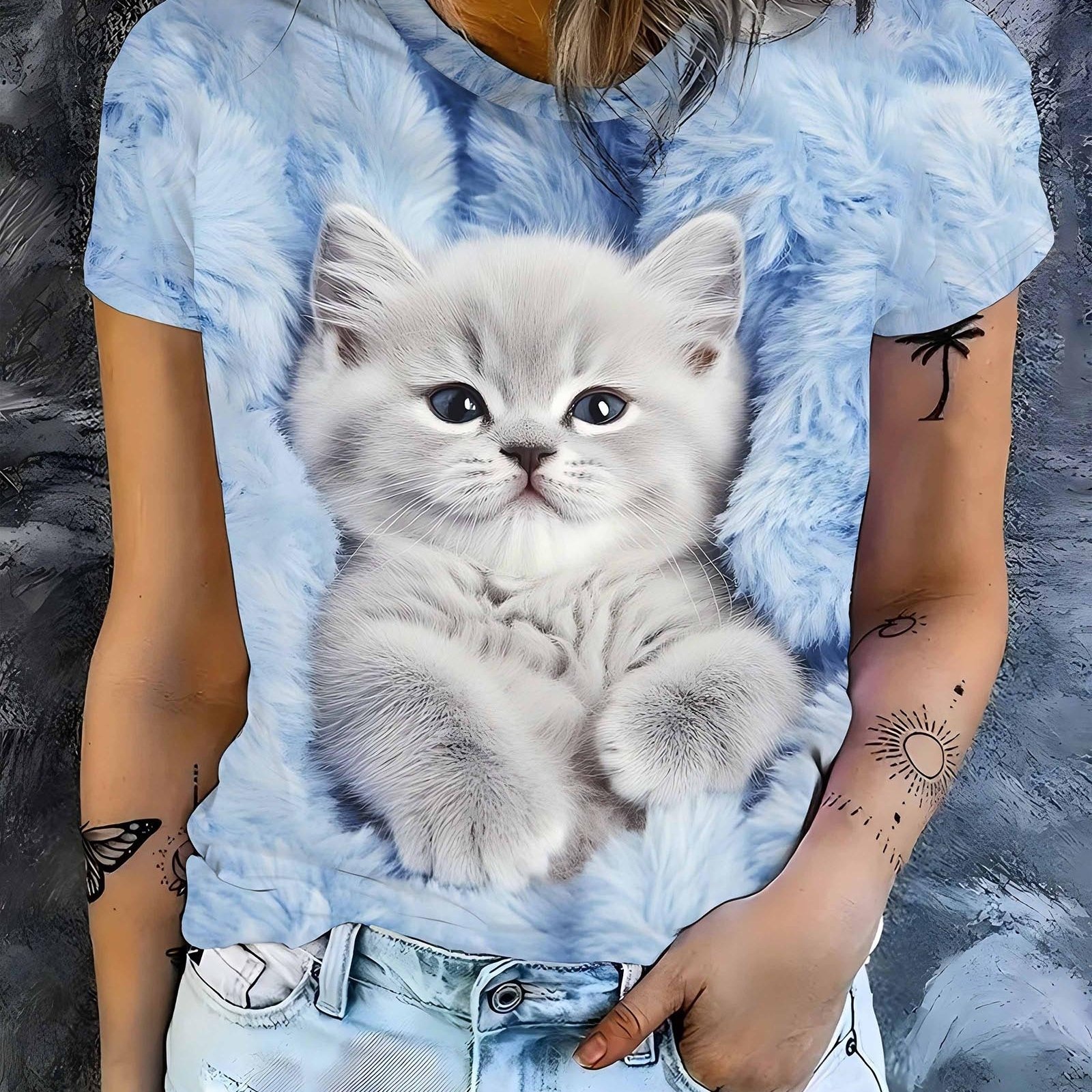 E-shop Frisch und ! Kurzärmeliges Shirt mit Felltextur und Katzenmuster, Damenmode-Top, lässiges und bequemes Damen-T-Shirt mit Rundhalsausschnitt,