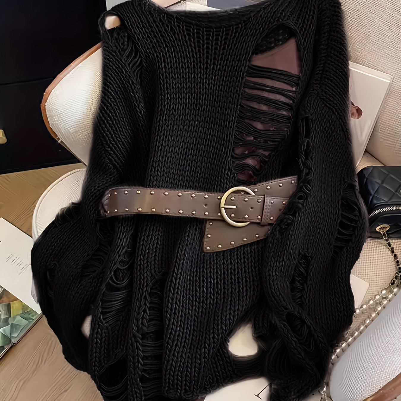 New Early Spring Fashion Y2k Ripped Cut-out Long Sleeve Loose Fit Sweater, Trendy Hot Top, Women's Fashion Pullover. Runs Small, Order A . No Belt, No Inner Layer. Niannian