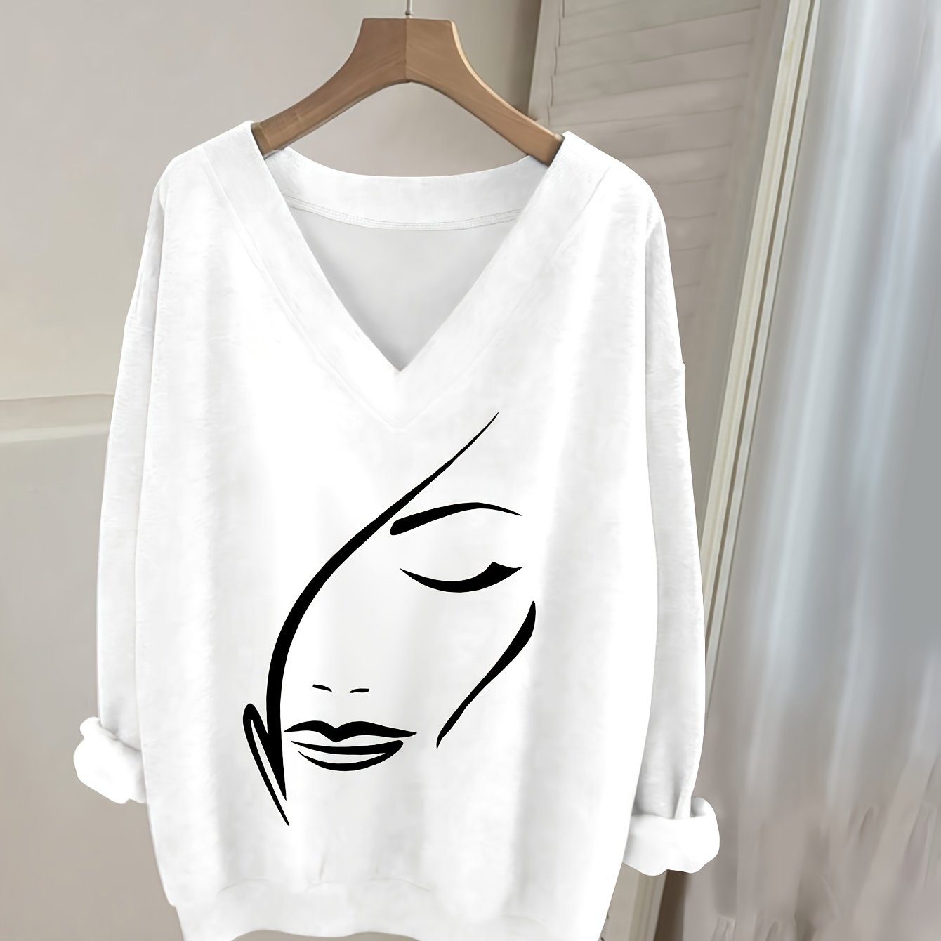 TEMU 0829, Casual V-neck Long Sleeve Sweatshirt With Graphic Print, Women's Long Sleeve T-shirt, Long Sleeve Top, Fashion Top
