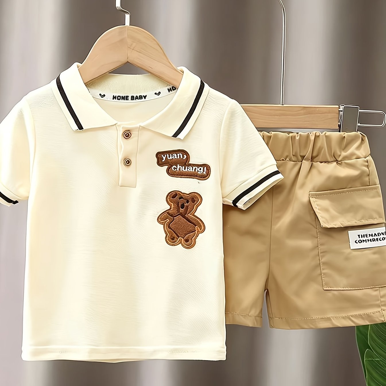Cartoon Bear Animal Infant And Toddler Short-sleeve Set, Boys' And Girls' Short-sleeve T-shirt Set, Cropped Style, Cartoon Bear Lapel T-shirt Set, Perfect For Outdoor