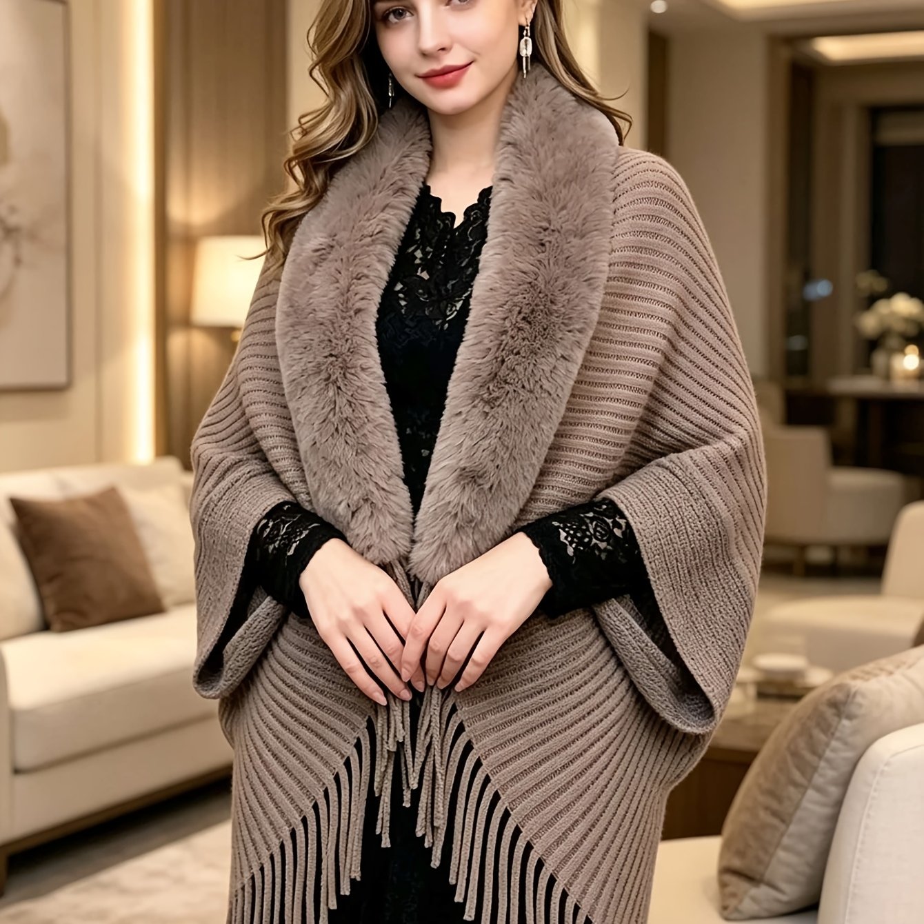 TEMU Plus Size, Plus Size Color Block Thickened Autumn/winter New Style Cape, Fashionable Loose Shawl With Large Collar, Warm Tassel Qipao Outerwear,