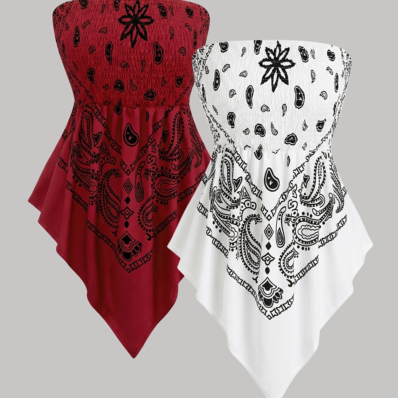 TEMU Strapless 2pcs Printed Tube Top With Gathered Waist, Irregular Hem, Light Vintage Style, Dj1126237