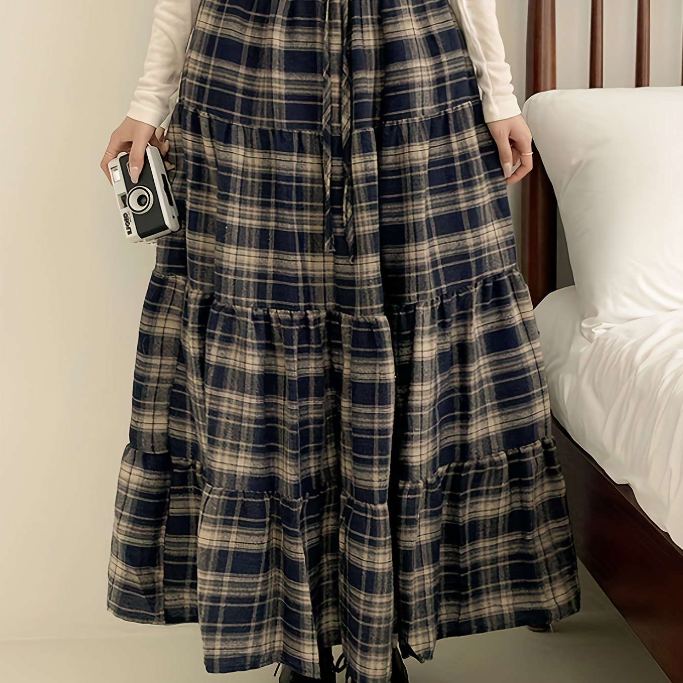 TEMU Falda a cuadros vintage de /otoño 2026 para mujer, estilo coreano chic, elástica, con cordón ajustable, de talle , con diseño patchwork y
