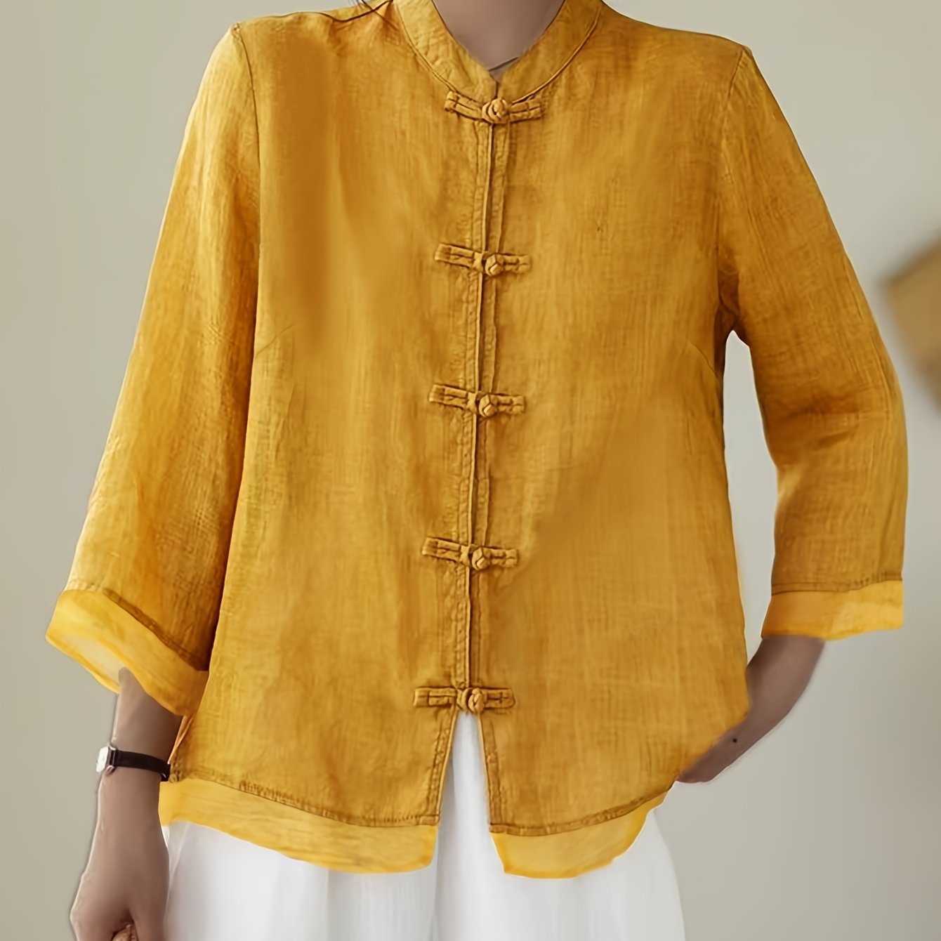 Plus Size - Chinese Frog Button Three-quarter Sleeve Plus Size Loose Retro Chinese Style Shirt