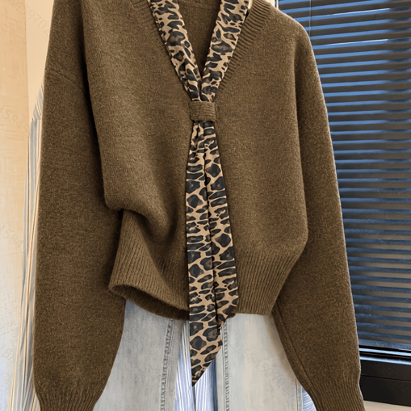 TEMU Pull à col en V et manches longues à imprimé léopard de style français, haut pull décontracté et élégant pour femme automne/hiver, pull adapté