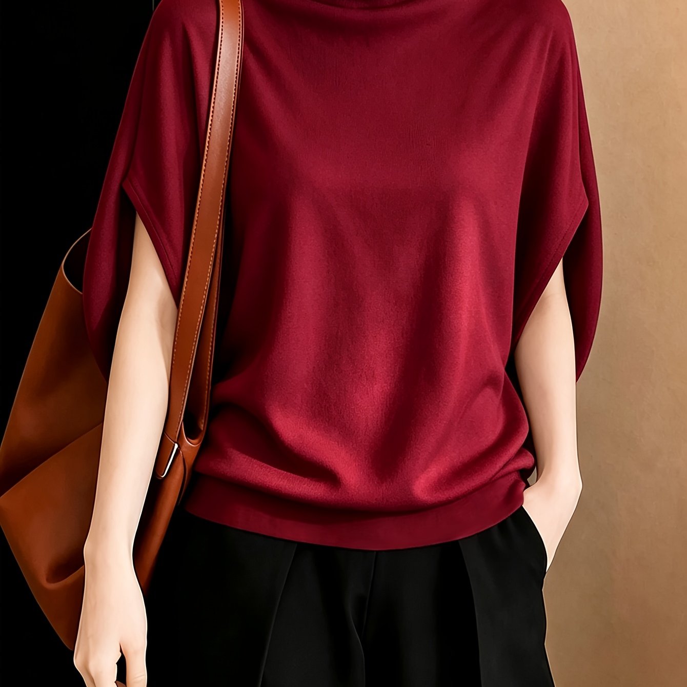 TEMU Haut polyvalent pour femme automne/hiver, demi-col roulé, manches chauve-souris, style décontracté de navetteur pour tous