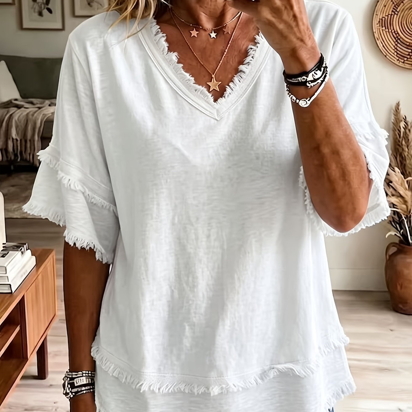 Women's V-neck Tassel Blouse, Loose Fit Pullover Short Sleeve Top, Casual Lightweight Shirt, Boho Summer Fashion For Everyday & Vacation Wear