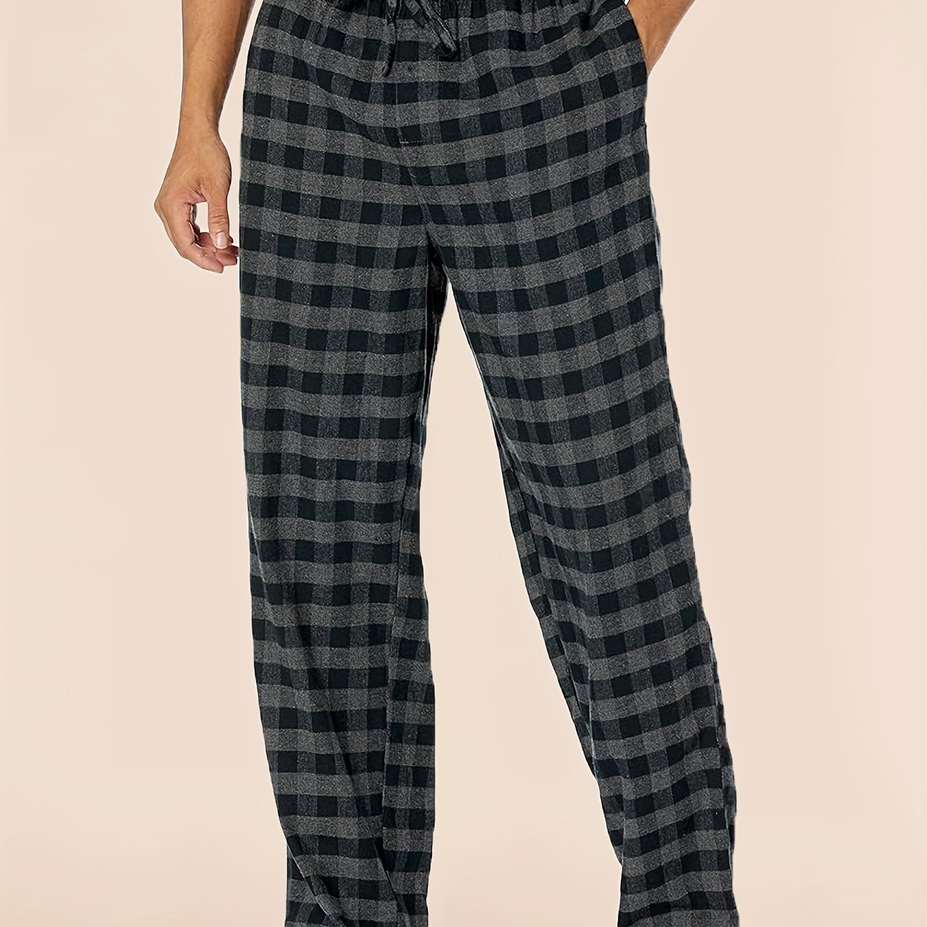 TEMU Men's Comfortable , Checkered Pattern, Lightweight Pants, Elastic Waistband Fitness Pants With Pockets, 95% Polyester 5% Spandex, Regular Fit,