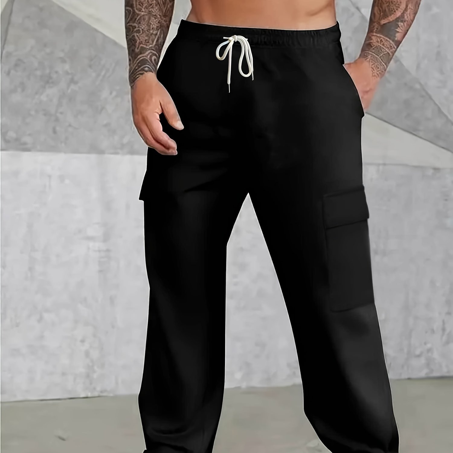 TEMU Men's Casual Work Trousers With Drawstring And Pockets - Relaxed Fit, Fashionable Print Design, Suitable For , Plus Size