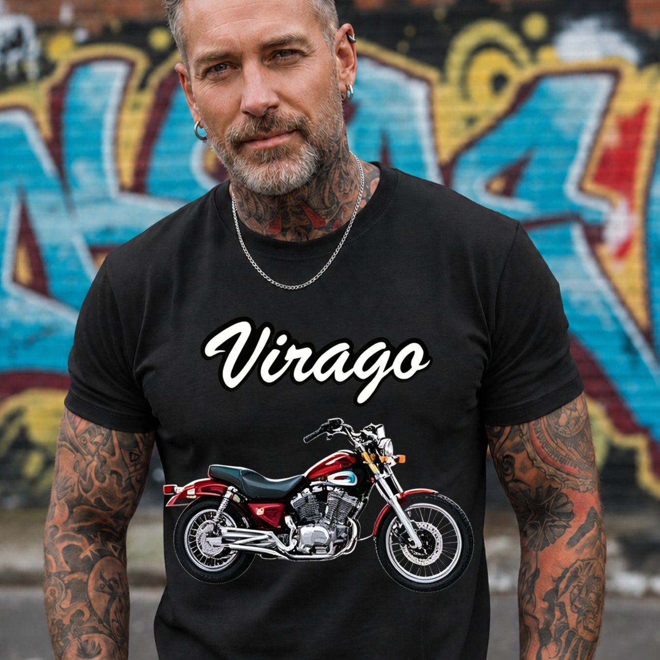 Image of Virago Motorcycle Graphic T-shirt Detailed Bike Illustration With Virago Script Cl Ean Vintage Road Style Men's T-shirt