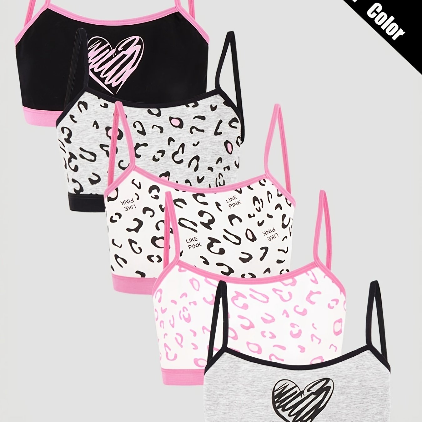 4pcs Random Girls' Camisole Bras, Girls' Developmental Tank Tops, Pink Leopard/heart Print, Pink Trim, Girls' Underwear, Little Girls' Tank Tops