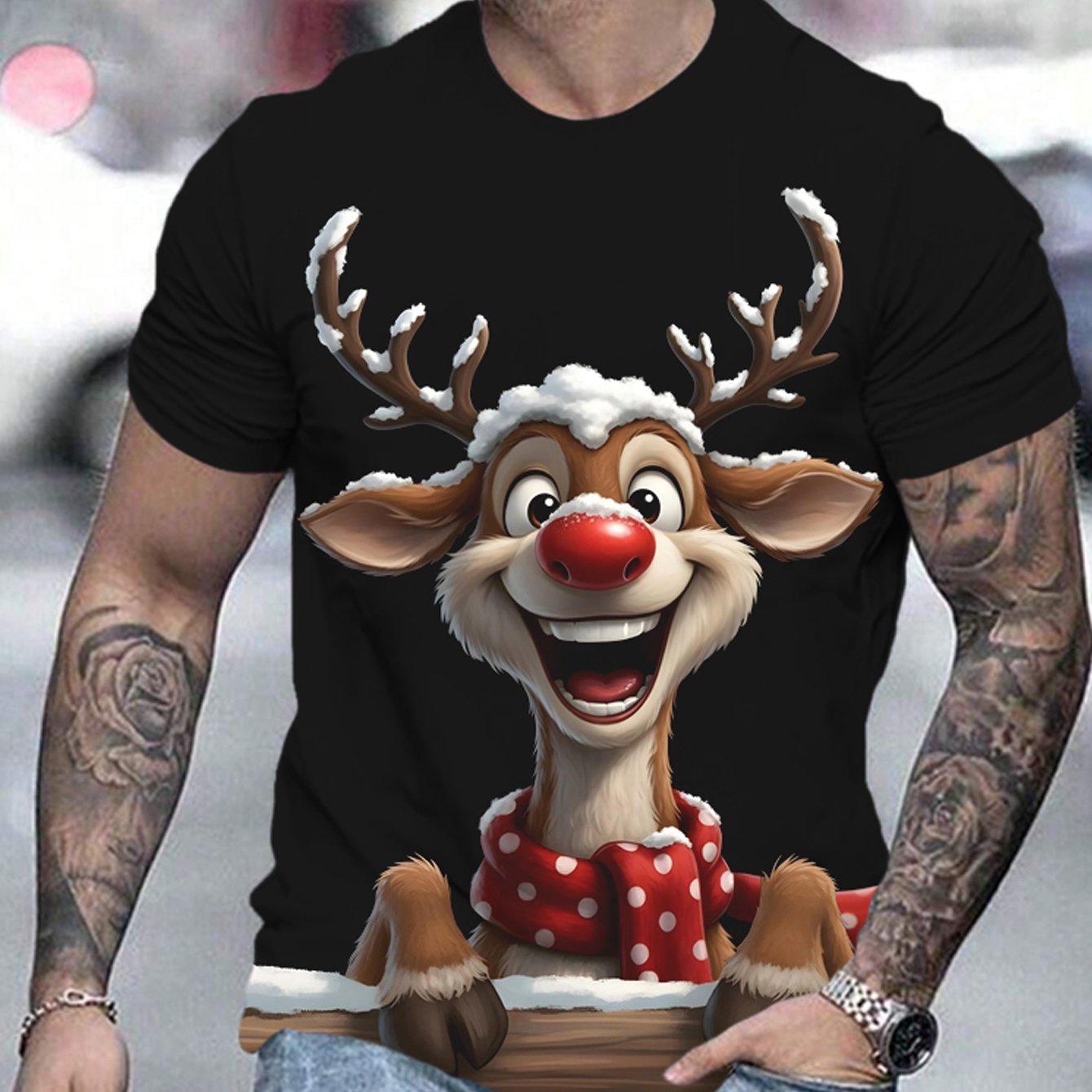 Image of Casual Round Neck Short Sleeve Outdoor Top Featuring A 3d Print Of A Reindeer For Men, Perfect For Christmas