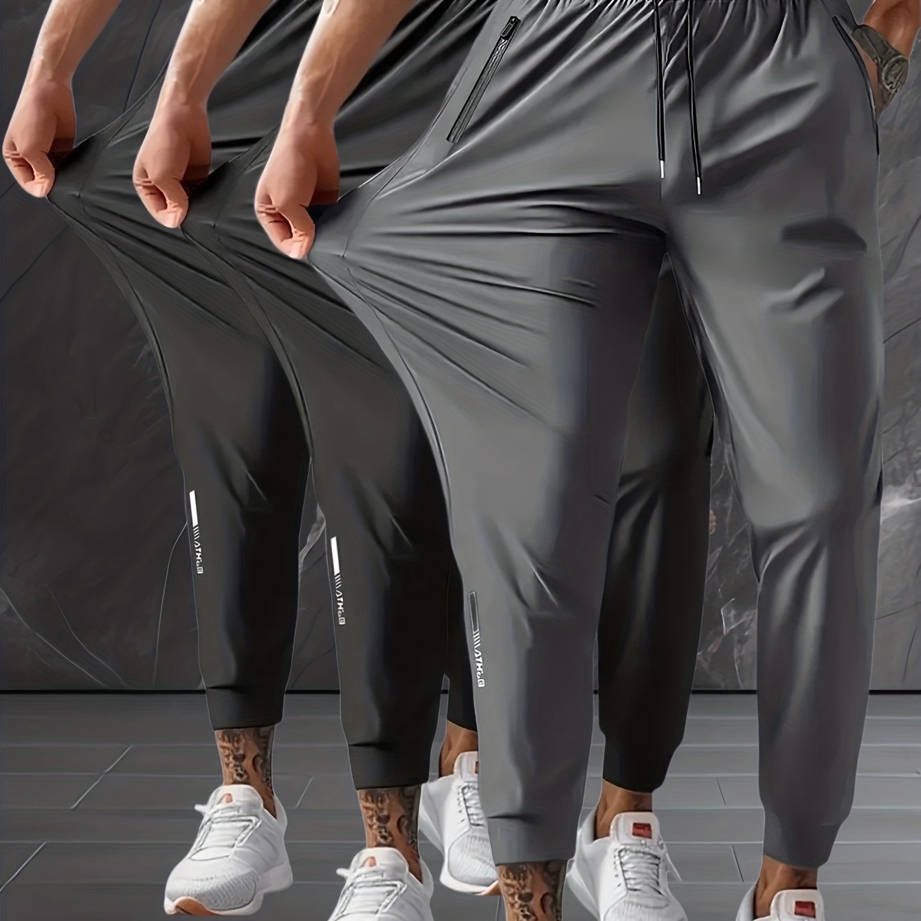 E-shop 3er-Set Herren Jogginghosen mit Gummizug Kordelzug – Bequeme Sport-Hosen mit Reißverschlusstaschen, ideal für Fitness, , Camping, Angeln