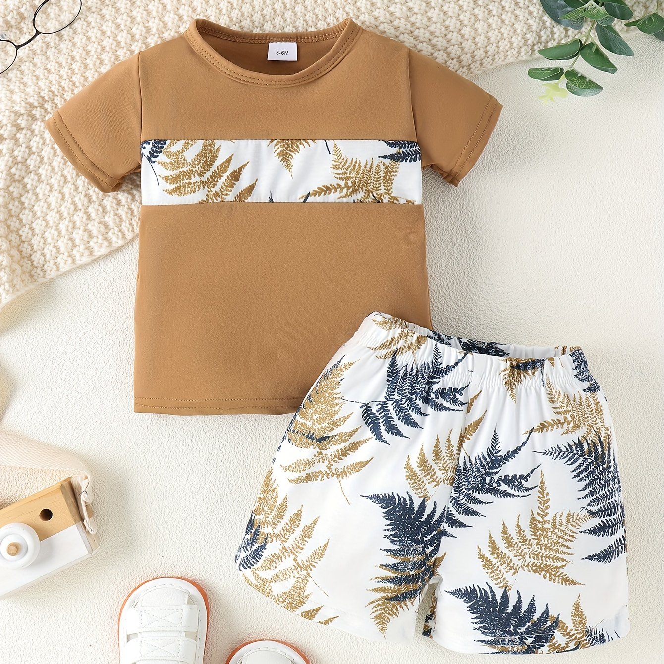 Image of 2pcs Baby's Cartoon Leaves Print Summer Outdoor Set, Trendy T-shirt & Casual Shorts, Baby Boy's Clothing, As Gift