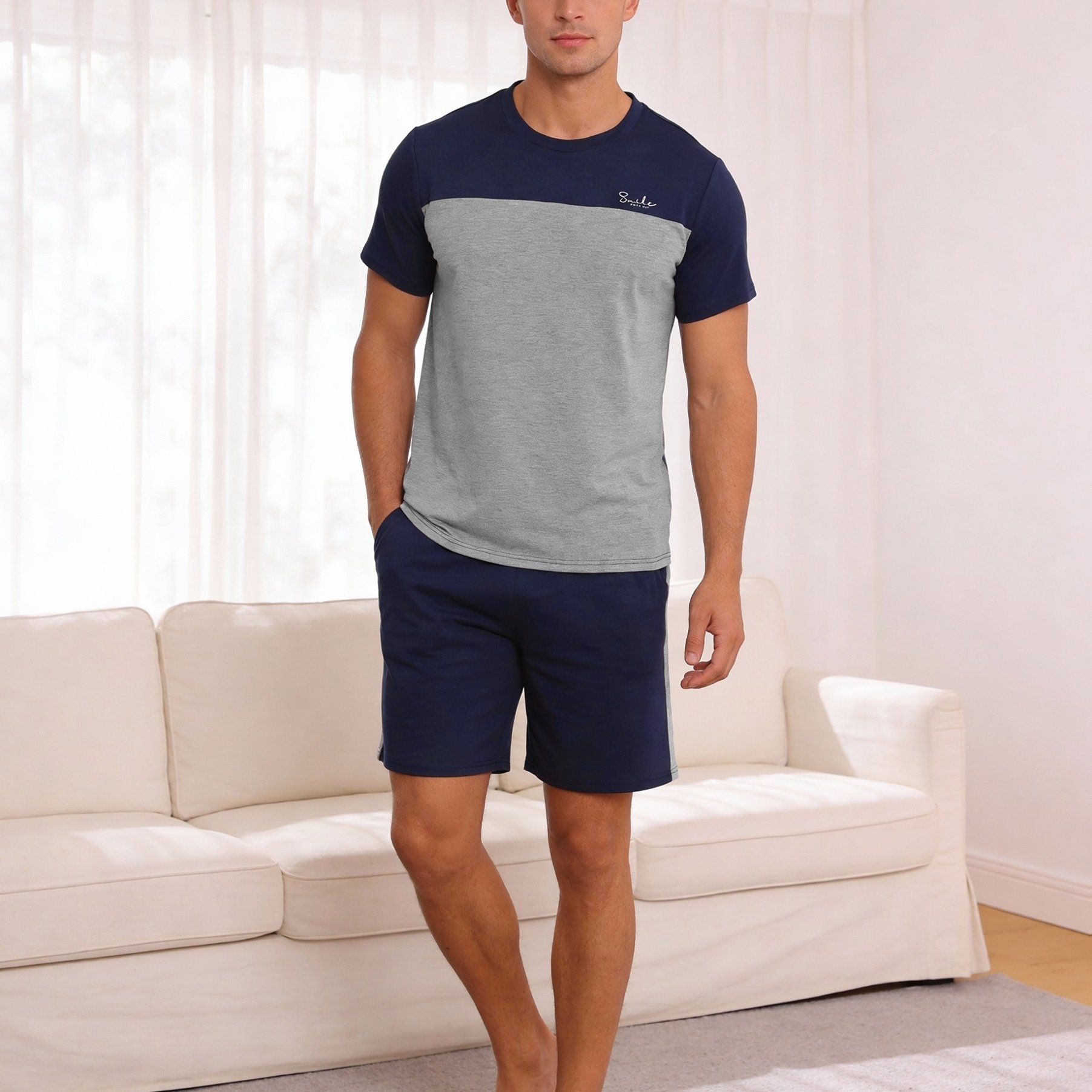 Men's Short Sleepwear Pajama Set, Two-piece Round-neck Pajamas, Checkered Shorts With Pockets